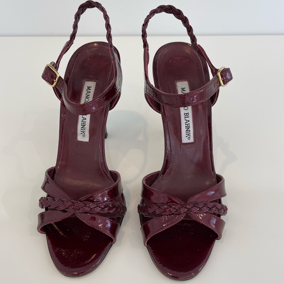 MANOLO BLAHNIK BURGUNDY PATENT LEATHER SANDALS 7.5 - Picture 8 of 15